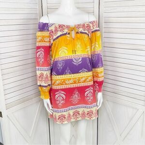 Joyous & Free Floral Damask Colorblock Tunic Dress Small Off Shoulder Smocked